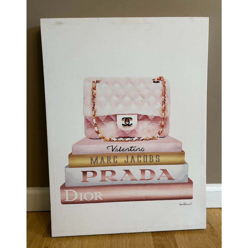 Stupell Industries Designer Purse Bookstack Pink White Gold Canvas Wall Art